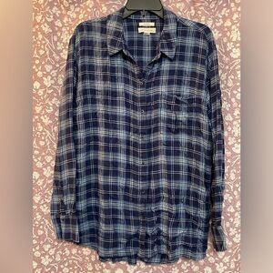 (S51) Treasure & Bond XL Super Soft Blue & White Boyfriend Cut Flannel